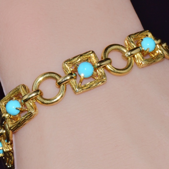 VINTAGE MID-CENTURY SOLID 18K GOLD & NATURAL PERSIAN TURQUOISE BRACELET - Picture 13 of 13